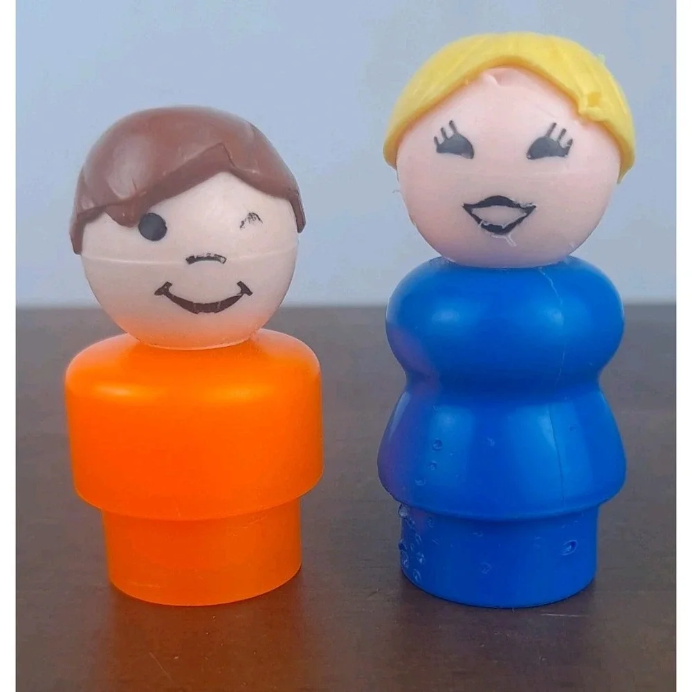 Vintage Fisher Price Little People Mom Blue Dress & Boy Orange Body 1970s Toy